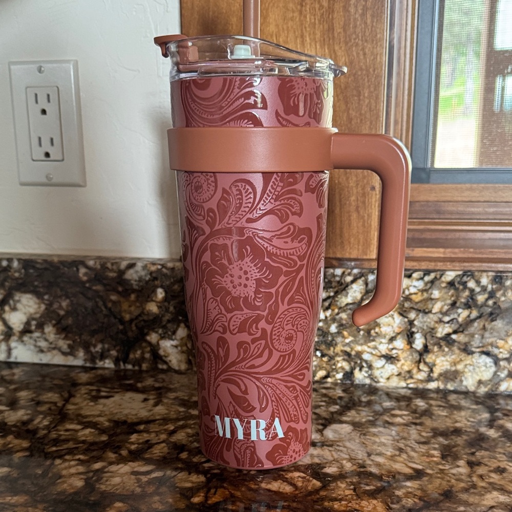 Personalized Pink Paisley Travel Tumbler with Handle